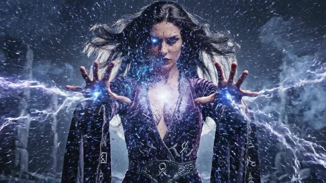 Powerful Sorceress Casting Magic Spell with Glowing Orb.