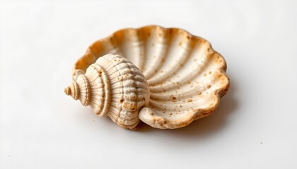 A seashell sits next to a small clamshell on a plain background.