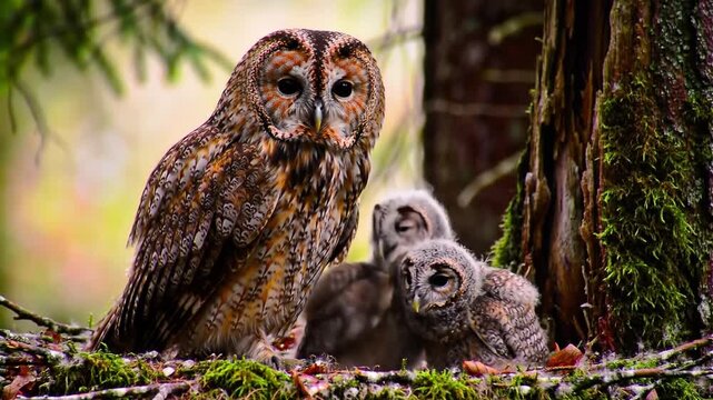 Protective Adult Tawny Owl with Two Cute Owlets Sitting in a Mossy Nest in a Lush Green Forest