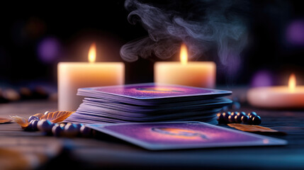 Tarot card reading with glowing candles and mystic beads in purple and orange light, esoteric fortune telling and spiritual divination concept, mystical banner with copy space