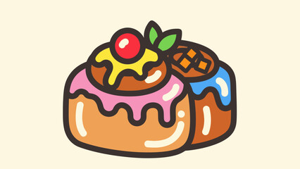 Cartoon baked goods sweet roll pastries with colorful frosting and cherry