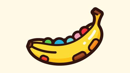 Cartoon banana filled with colorful balls isolated on white background