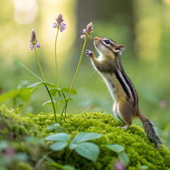 Fototapeta premium a curious chipmunk with prominent stripes