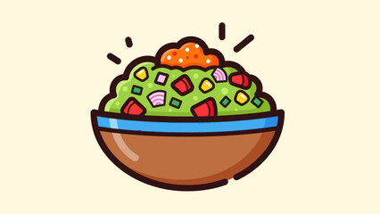 Cartoon bowl of guacamole with colorful toppings illustration