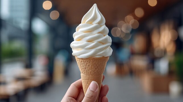 Hand holding a soft serve ice cream cone with a blurred background