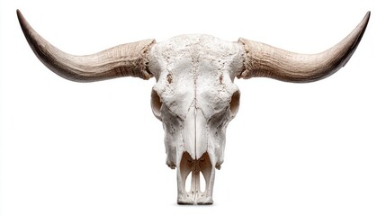 Close-up of a weathered bull skull with large horns against a white background