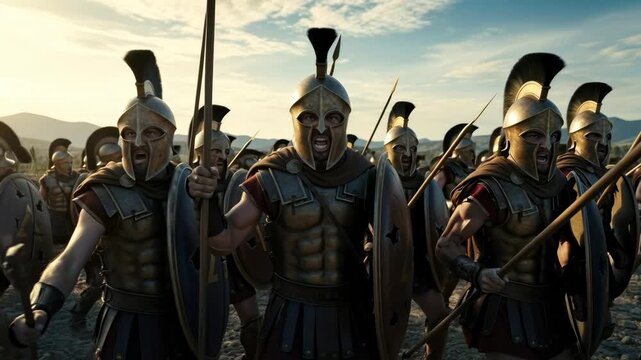 Ancient greek phalanx of fierce warrior men in armor with spears and shield preparing for battle, historical warfare concept