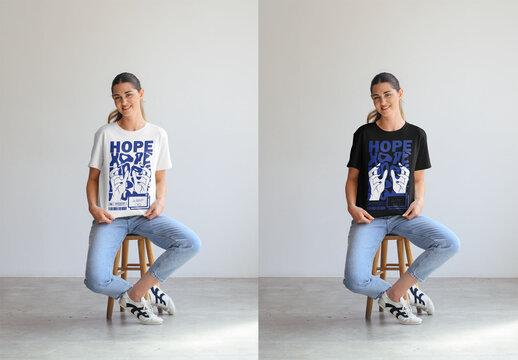 Mockup Of Woman Wearing Customizable T-Shirt, Full Length