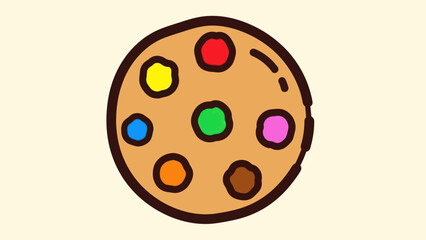 Cartoon cookie with colorful candy decorations on neutral background