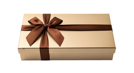 A gift box wrapped in brown paper with a ribbon bow on top
