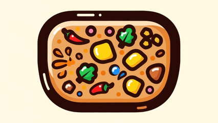 Cartoon food illustration with vegetables and spices inside a bowl with an outline