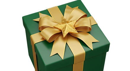A green gift box with a large gold ribbon