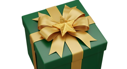 A green gift box with a large gold ribbon