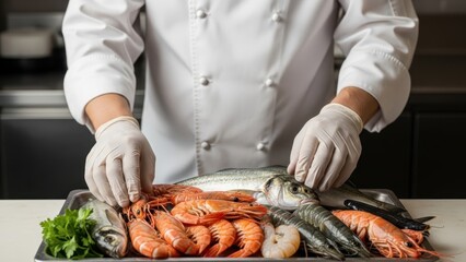 Chef man wearing gloves preparing fresh seafood and fish on a tray. Cooking healthy food. Restaurant and gastronomy concept.
