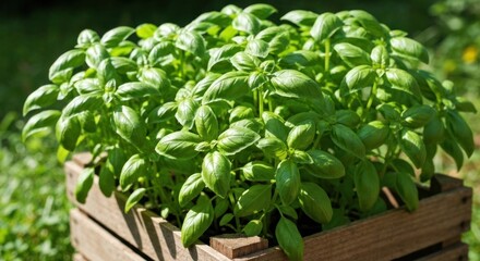 Lush green basil plant flourishing in a weathered wooden crate