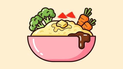 Cartoon mashed potatoes in a pink bowl with broccoli and carrots illustration