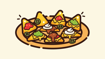 Cartoon nachos with various toppings on a plate vector illustration