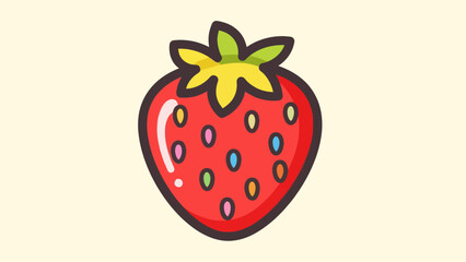 Cartoon strawberry illustration with seeds and green leaves on a light background