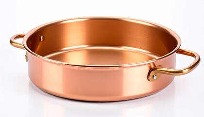 Round copper cooking pan with gold handles on white background, showcasing elegant kitchenware design.