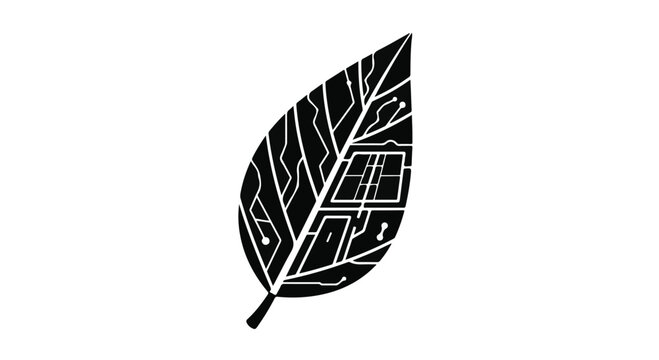 Leaf symbol with integrated circuit patterns, symbolizing technology and nature.