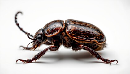 A detailed view of a beetle, its dark and brown colors standing out against the plain background.