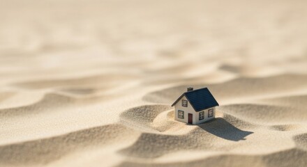 Miniature house on sandy dunes, suggesting isolation and serenity