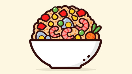 Colorful bowl of fried rice with shrimp and vegetables on cream background