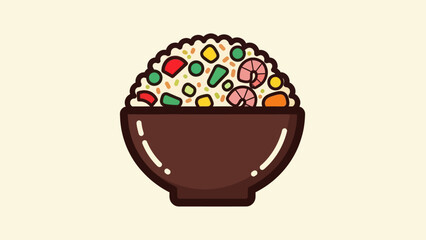 Colorful bowl of rice with vegetables and shrimp on cream background