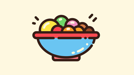 Colorful cartoon bowl filled with various spherical food items on light background
