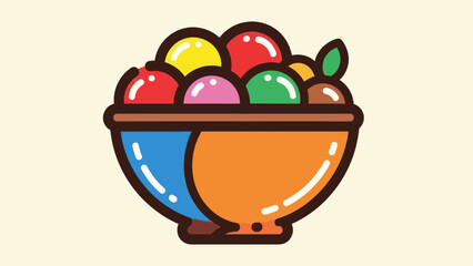 Colorful cartoon bowl filled with various fruits on cream background