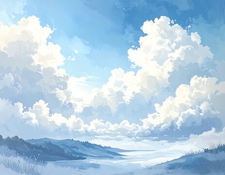 A vibrant, expansive landscape features fluffy white clouds floating in a pale blue sky over rolling hills and serene waters