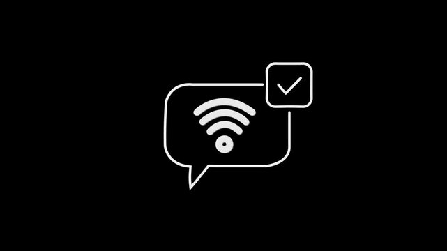 White Message Box with Wi-Fi chekmark Icon Animation on Black Background, Wireless Communication, Chat Notification, Message Network Connection Symbol, Minimal UI 