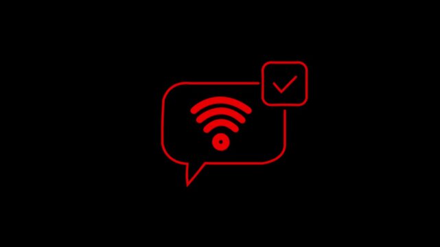 red Message Box with Wi-Fi chekmark Icon Animation on Black Background, Wireless Communication, Chat Notification, Message Network Connection Symbol, Minimal UI 