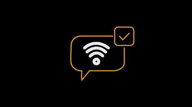 yellow Message Box with Wi-Fi chekmark Icon Animation on Black Background, Wireless Communication, Chat Notification, Message Network Connection Symbol, Minimal UI 