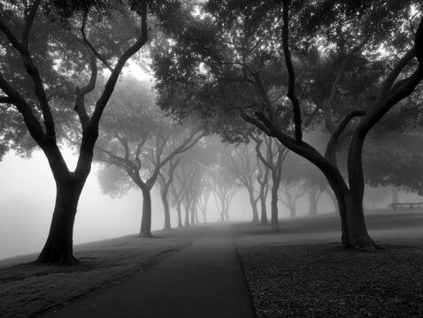 Misty park path with trees in grayscale