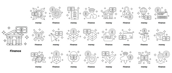A series of black and white drawings of various financial symbols