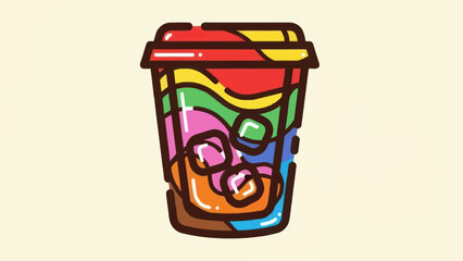 Colorful cartoon iced beverage cup with ice cubes on neutral background