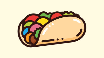 Colorful cartoon illustration of a delicious taco with various fillings
