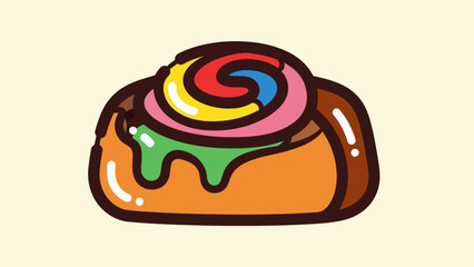 Colorful cartoon illustration of a fresh cinnamon roll with frosting on cream background