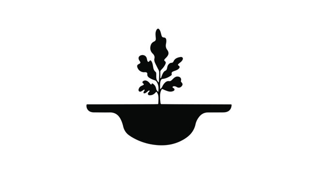 Simple black silhouette of a young oak sapling growing from a mound of earth, symbolizing growth and nature.