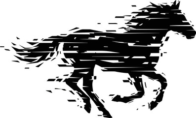 Glitch Style Horse Silhouette Vector. Abstract Black Shattered Digital Distortion Animal Illustration Isolated on White