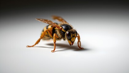 A close up of a bee perched on a white surface. The bee is positioned facing right, with its wings partially visible, showcasing intricate patterns on the elytra, and has red antennae.