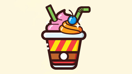 Colorful cartoon milkshake beverage with straws and whipped cream on neutral background