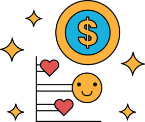 A smiling face with a dollar sign in the middle