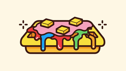 Colorful cartoon waffle illustration with melting glaze and butter squares