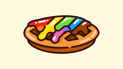 Colorful cartoon waffle illustration with rainbow syrup dripping on top