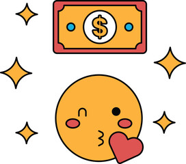 A cartoonish face with a dollar bill on top of it and a heart underneath it
