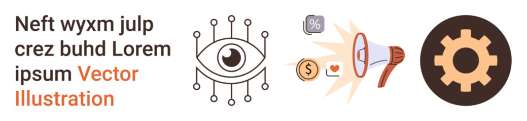 Artificial intelligence, marketing, communication, finance, business planning, innovation. Eye with circuits, megaphone with icons gear symbol. Artificial intelligence and marketing concept
