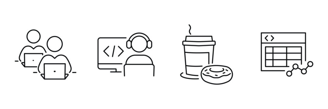 Office teamwork icon set, pair programmers laptops, focused coder headphones, coffee donut break, code analytics dashboard outline vector illustration.