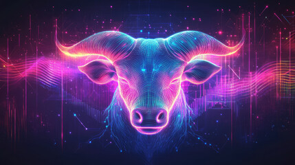 Taurus bull head forming a zodiac constellation, depicted with intricate neon lines and shimmering digital particles against a dark cosmic background, symbolizing strength and astrological themes